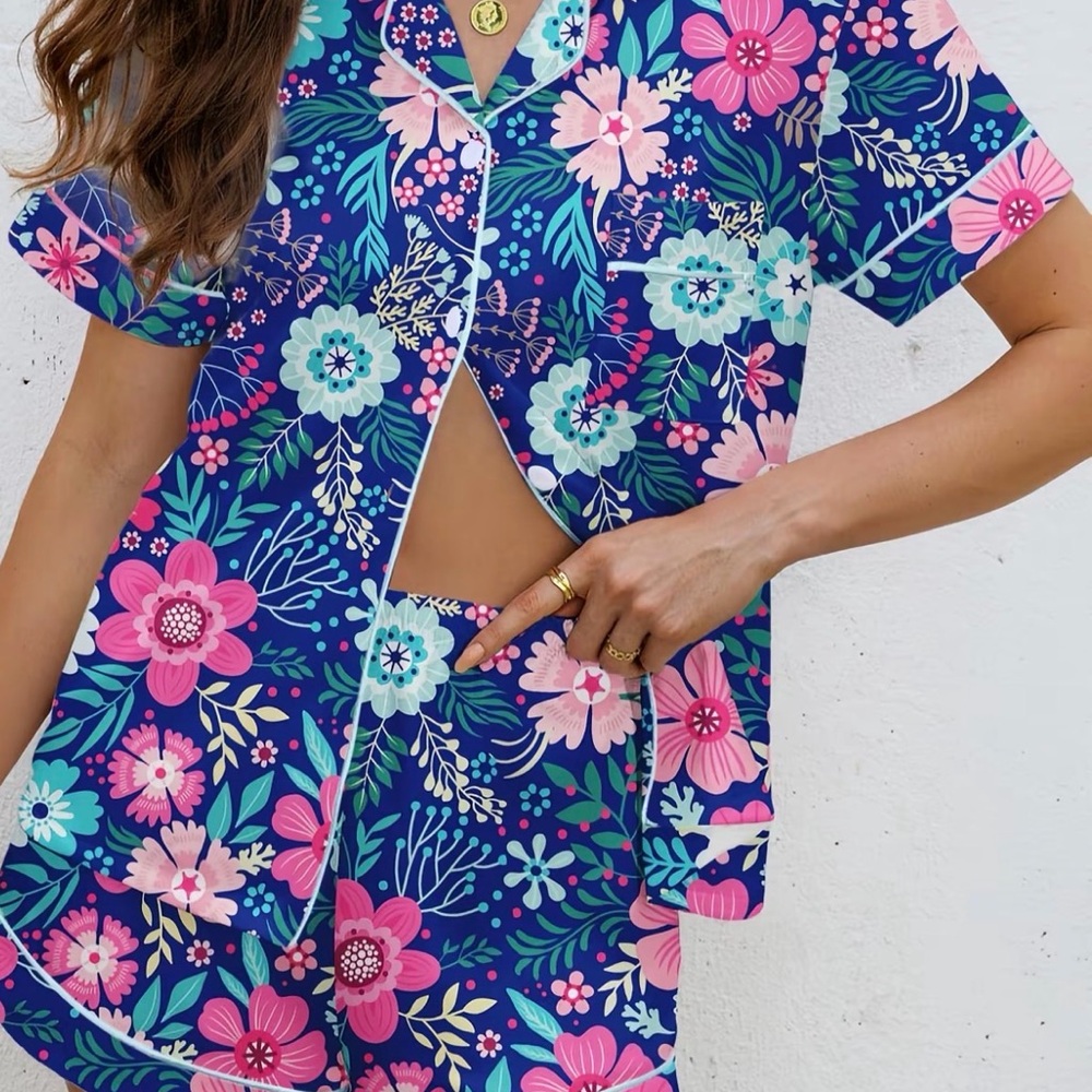 Floral Navy Short Pajama Set with Pink & Light Blue Blooms - Picture 2 of 2